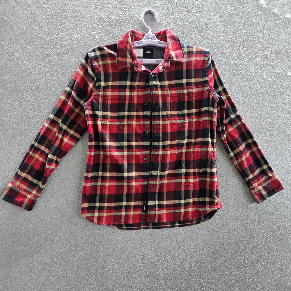 Vans Men Button Up Shirt LARGE Red Plaid Flannel Longβ Sleeve Skater Casual